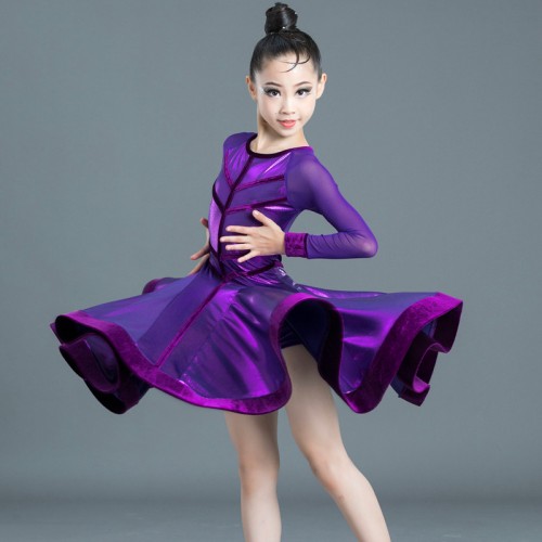 children violet red yellow compeititon latin dressess long sleeves Latin dance dress competition skirts for girls